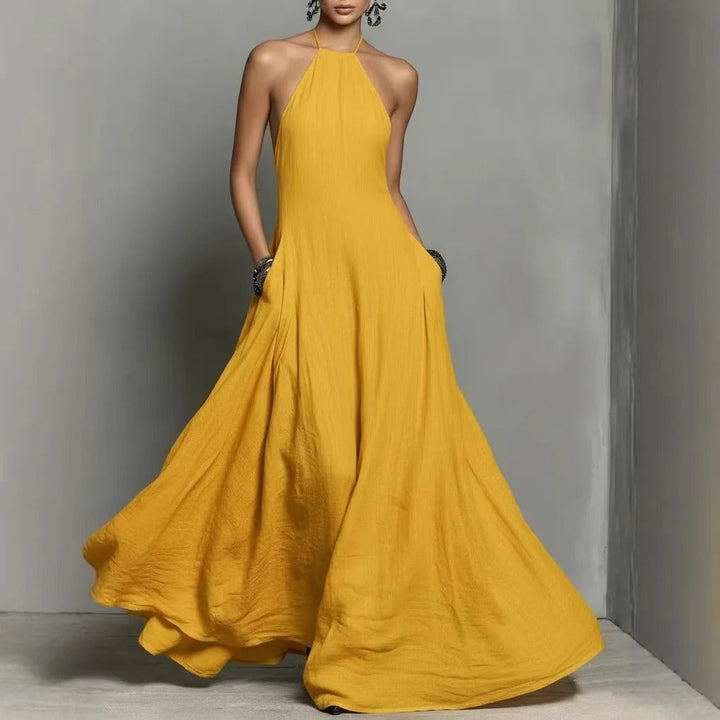 Damen Halter-Kleid im Leinenmix Maxilänge in 4