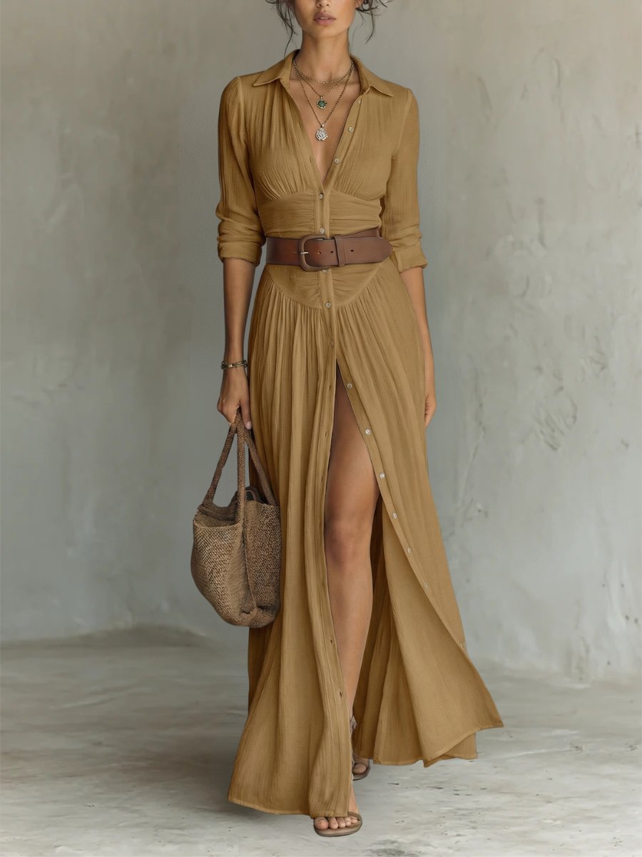 Damen Hemdkleid in Maxilänge mit Gürteldetail in Braun