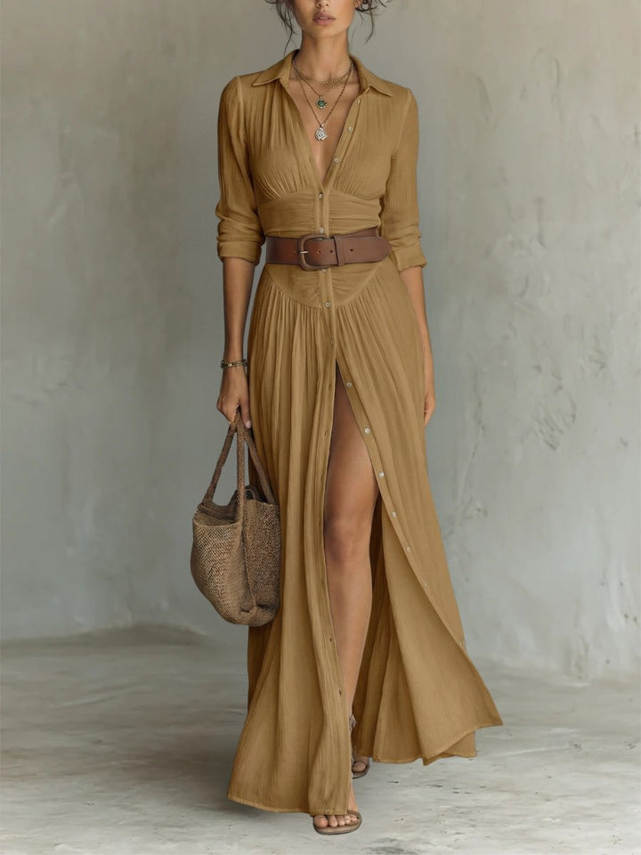 Damen Hemdkleid in Maxilänge mit Gürteldetail in Braun
