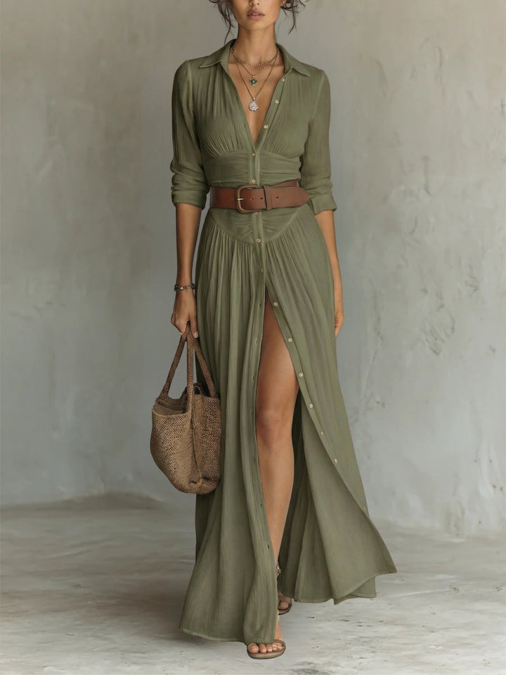 Damen Hemdkleid in Maxilänge mit Gürteldetail in Grün