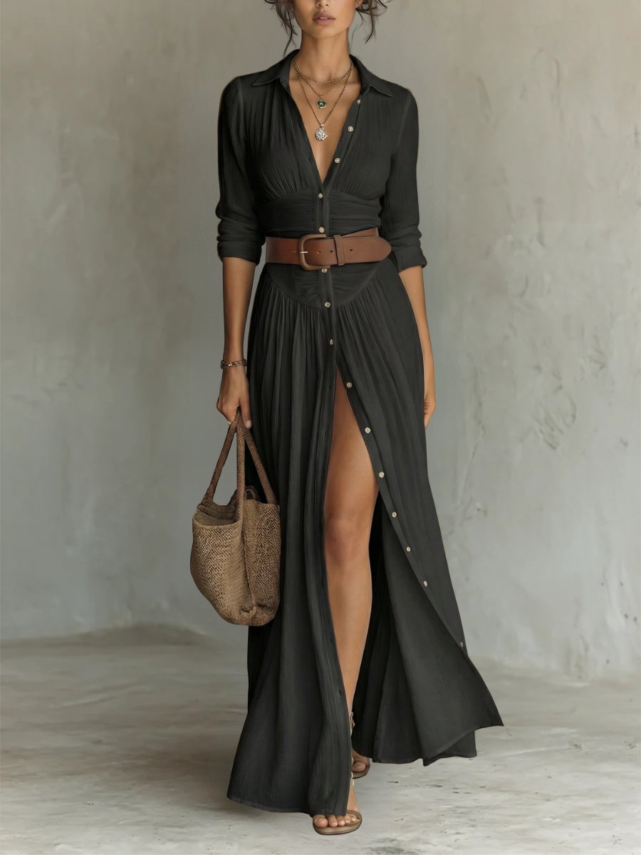 Damen Hemdkleid in Maxilänge mit Gürteldetail in Schwarz