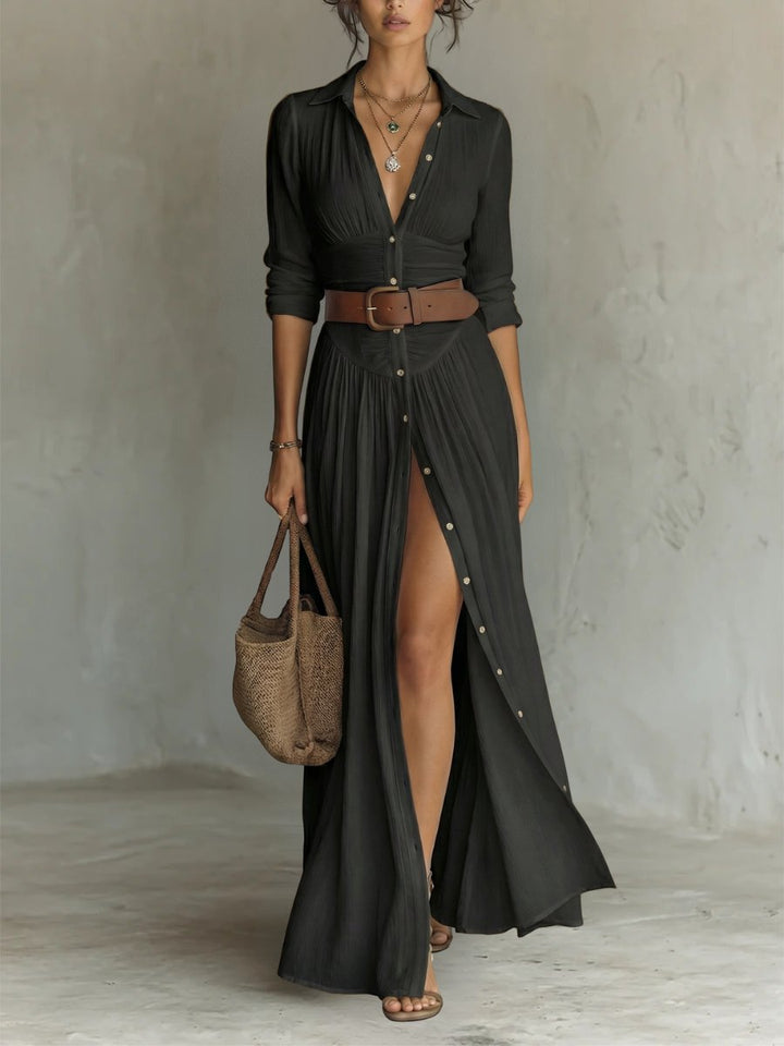 Damen Hemdkleid in Maxilänge mit Gürteldetail in Schwarz