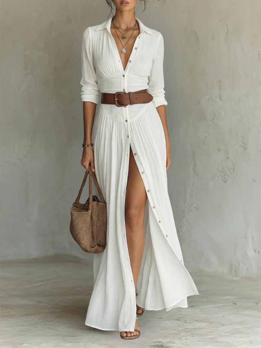 Damen Hemdkleid in Maxilänge mit Gürteldetail in Weiß
