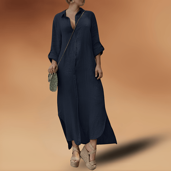Damen Herbst Kleid in Leinen in Dunkelblau