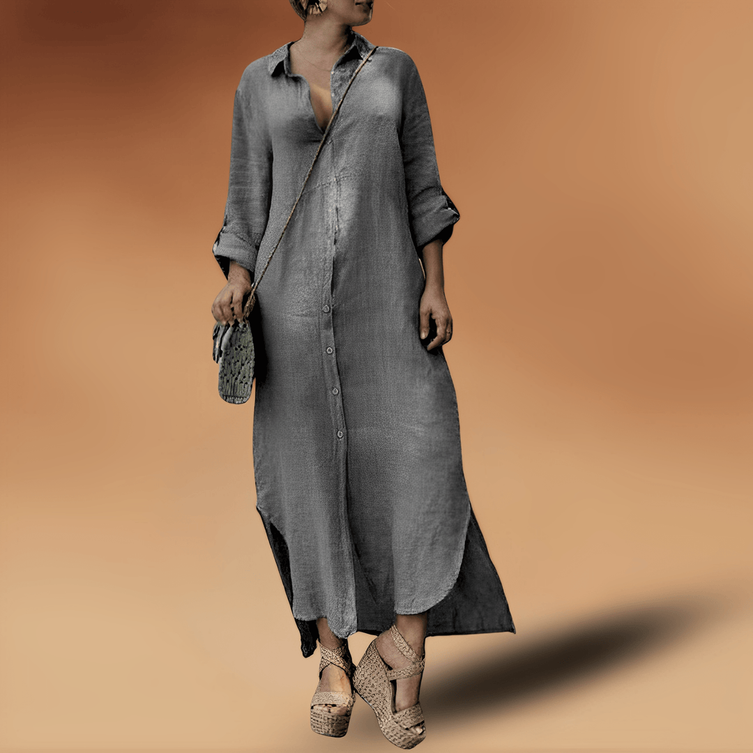 Damen Herbst Kleid in Leinen in Weiß-Grau