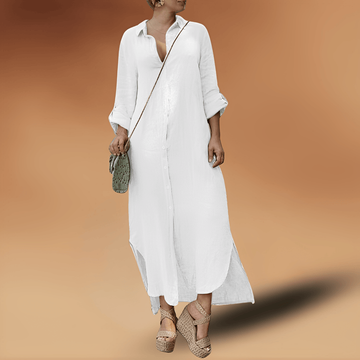 Damen Herbst Kleid in Leinen in Weiß