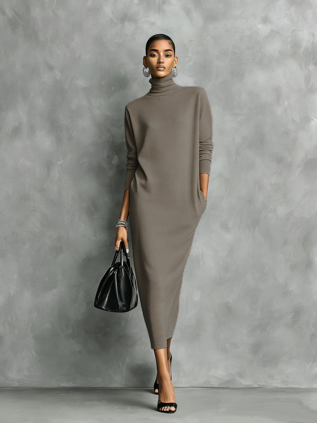Damen Herbst Kleid Rollkragen Midi in Khaki-Brown