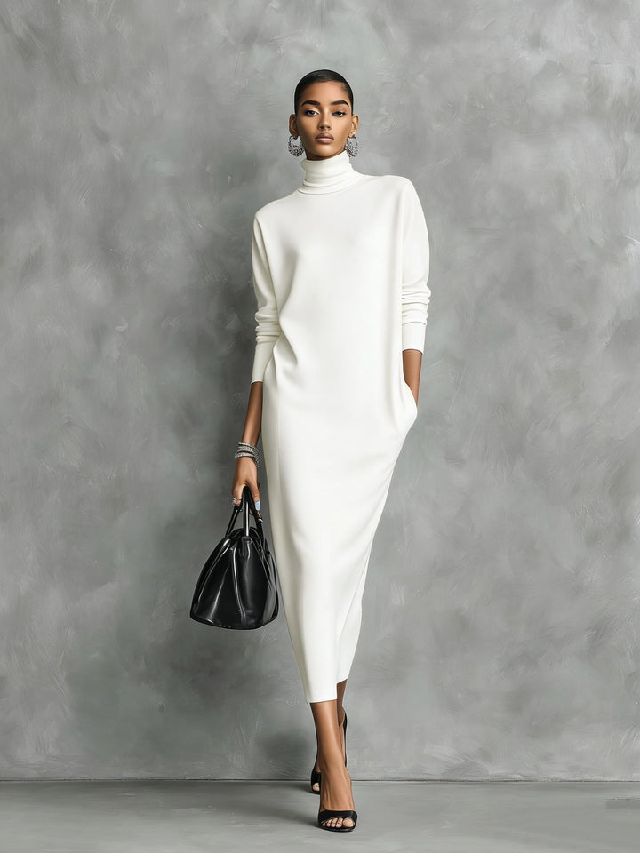 Damen Herbst Kleid Rollkragen Midi in Weiß