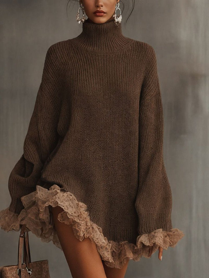 Damen Herbst-Strickkleid mit Spitzendetails für Hochzeitsgäste in Braun