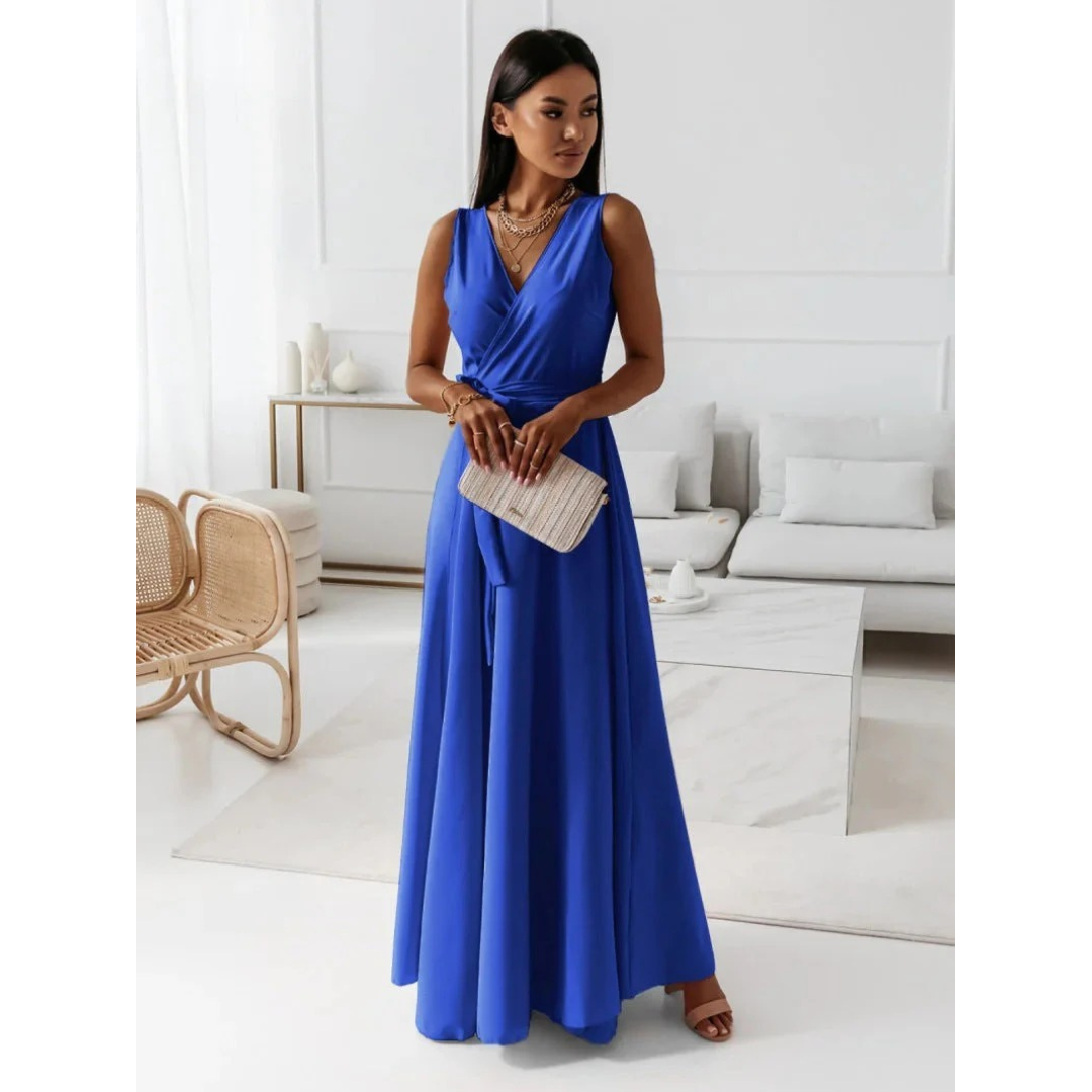 Damen Herbst Wickel Maxikleid für Hochzeitsgäste in Blau