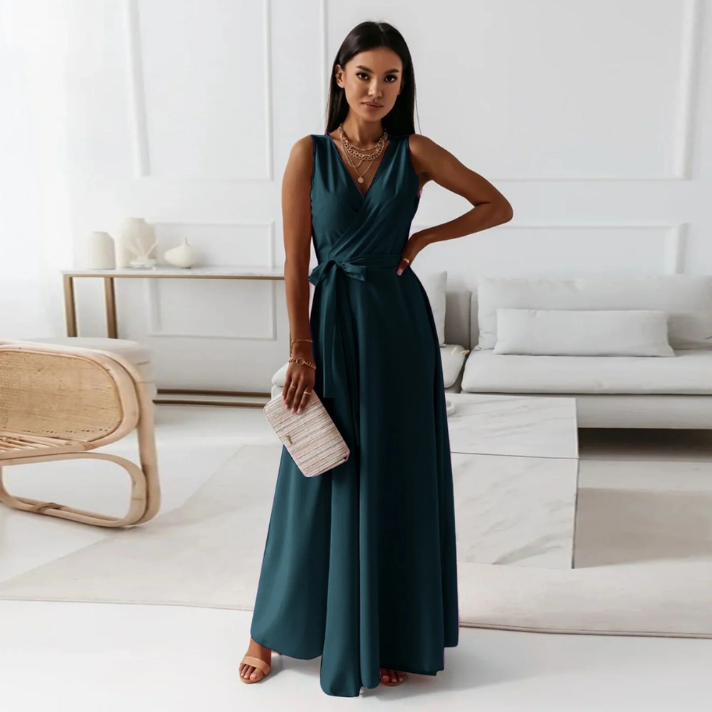 Damen Herbst Wickel Maxikleid für Hochzeitsgäste in Dunkelgrün