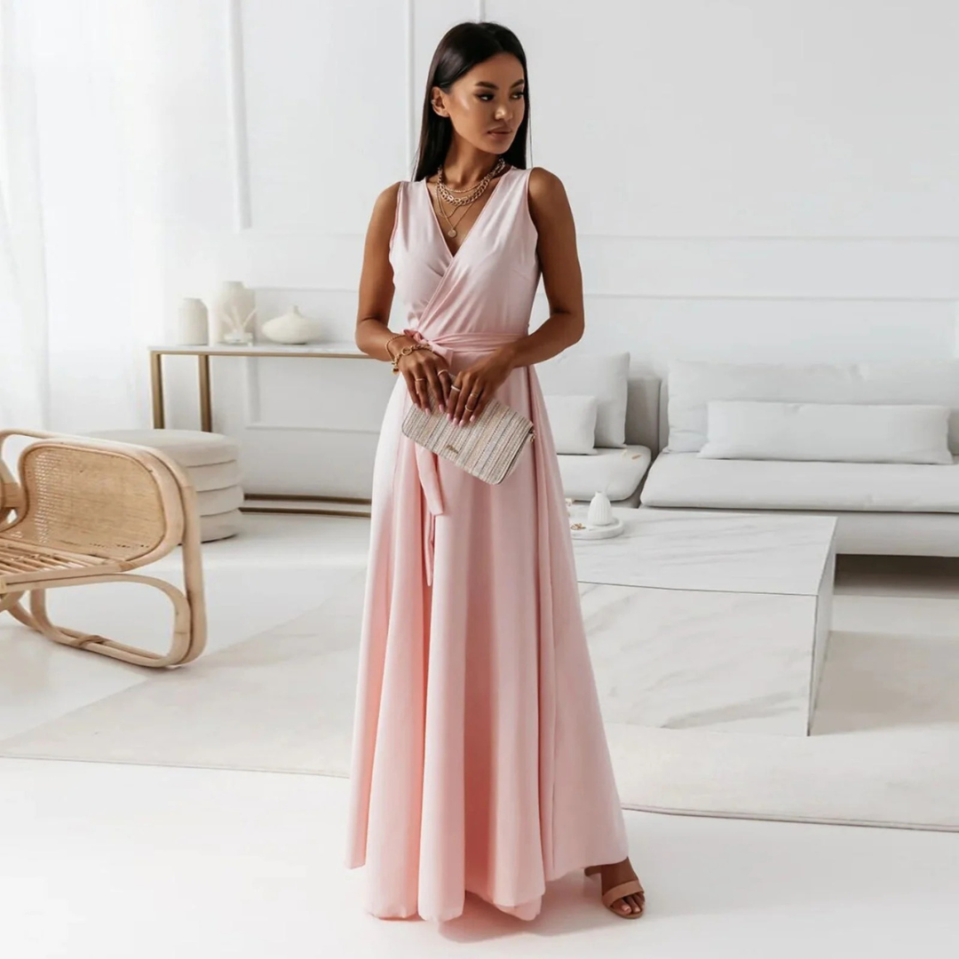Damen Herbst Wickel Maxikleid für Hochzeitsgäste in Zartrosa