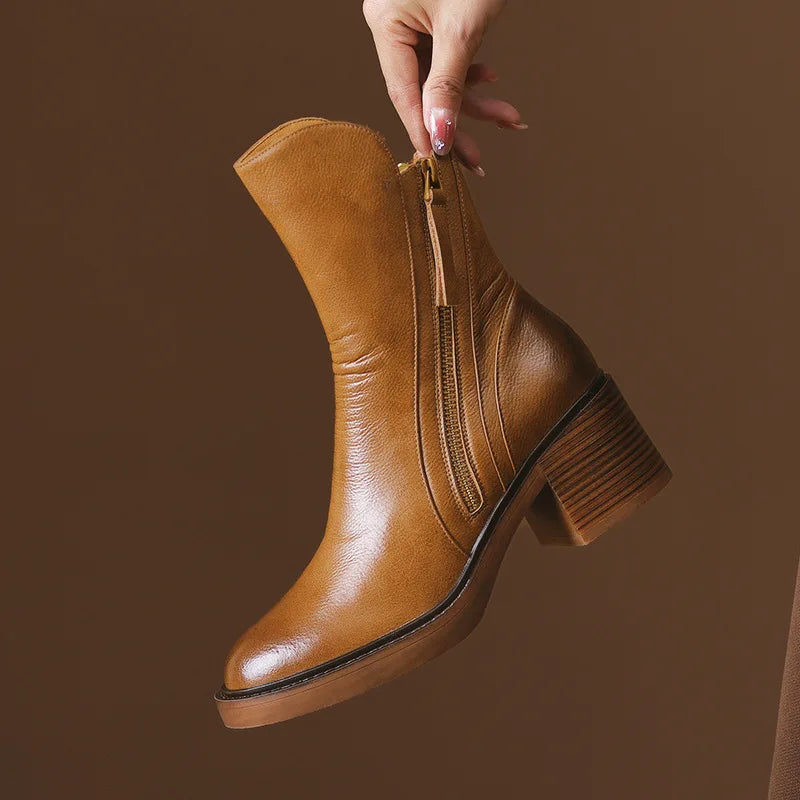 Damen Herbststiefel mit Blockabsatz aus Leder in Braun