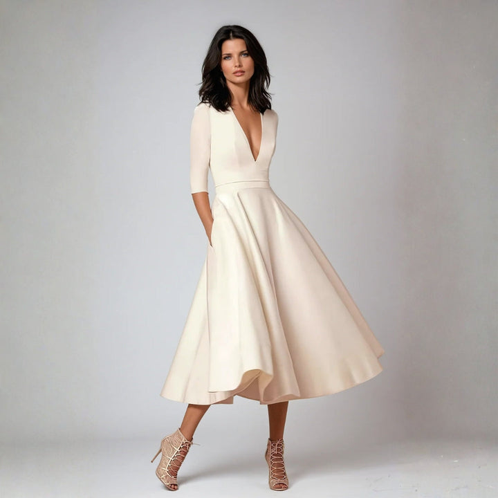 Damen Hochzeitsgast Elegantes Ausgestelltes Midikleid in Weiß
