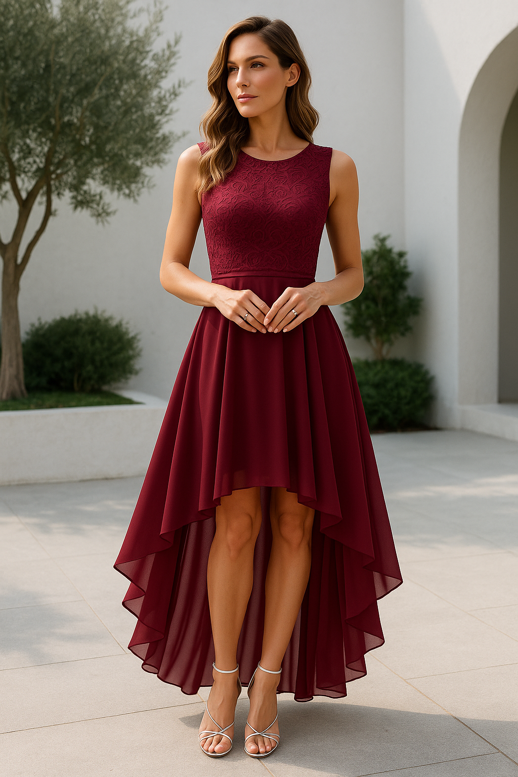 Damen Hochzeitsgast Elegantes Fließendes Midikleid in Tiefrot 1