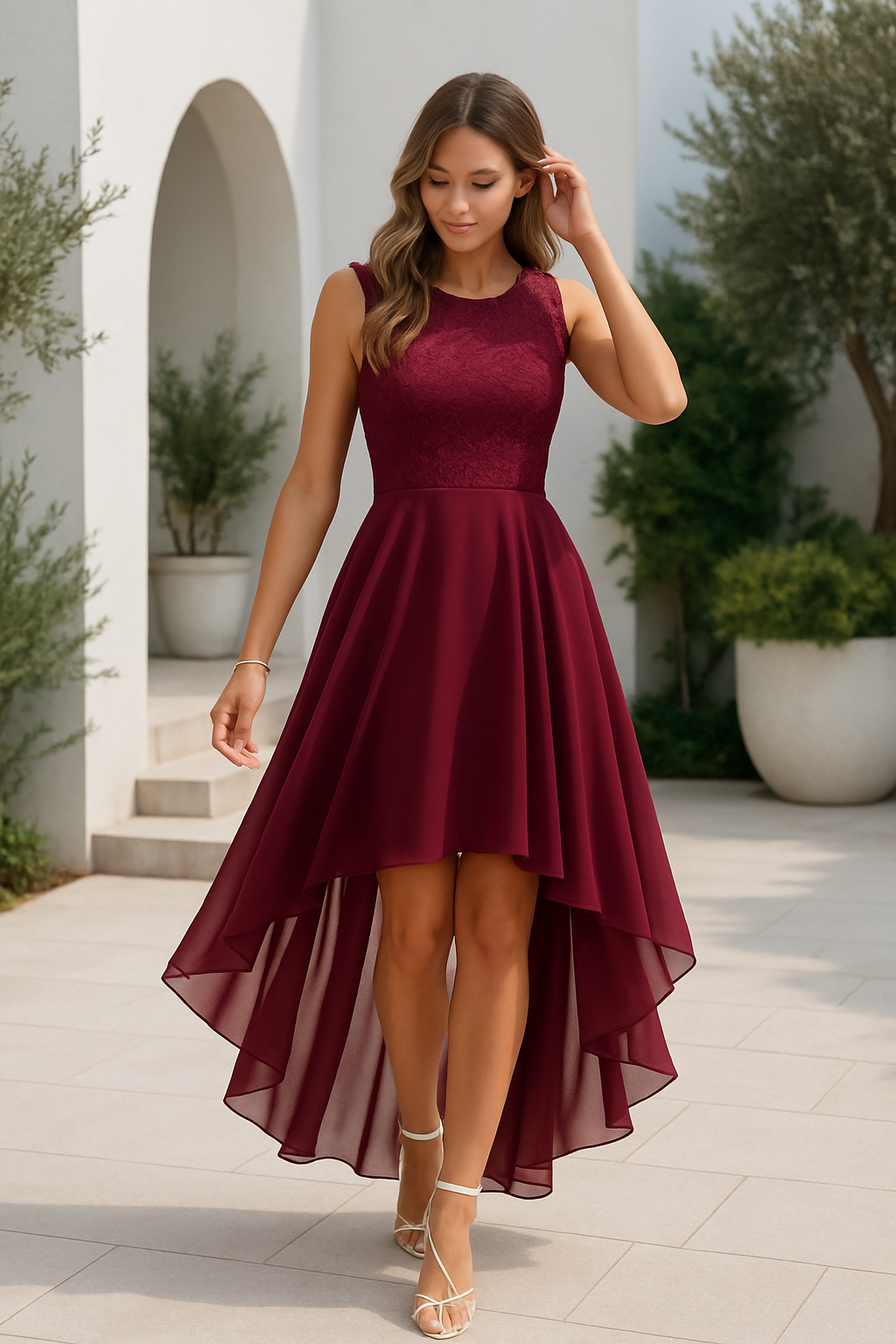 Damen Hochzeitsgast Elegantes Fließendes Midikleid in Weinrot 2