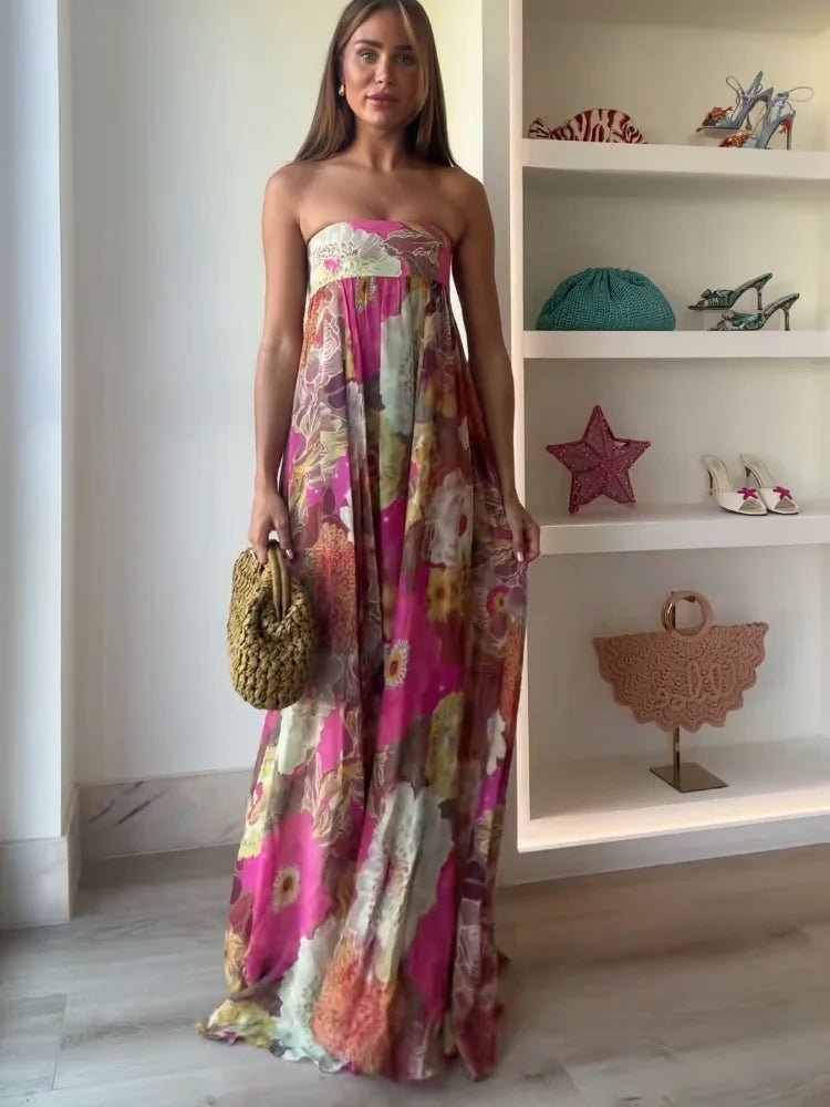 Damen Hochzeitsgast Elegantes Trägerloses Blumen Maxikleid
