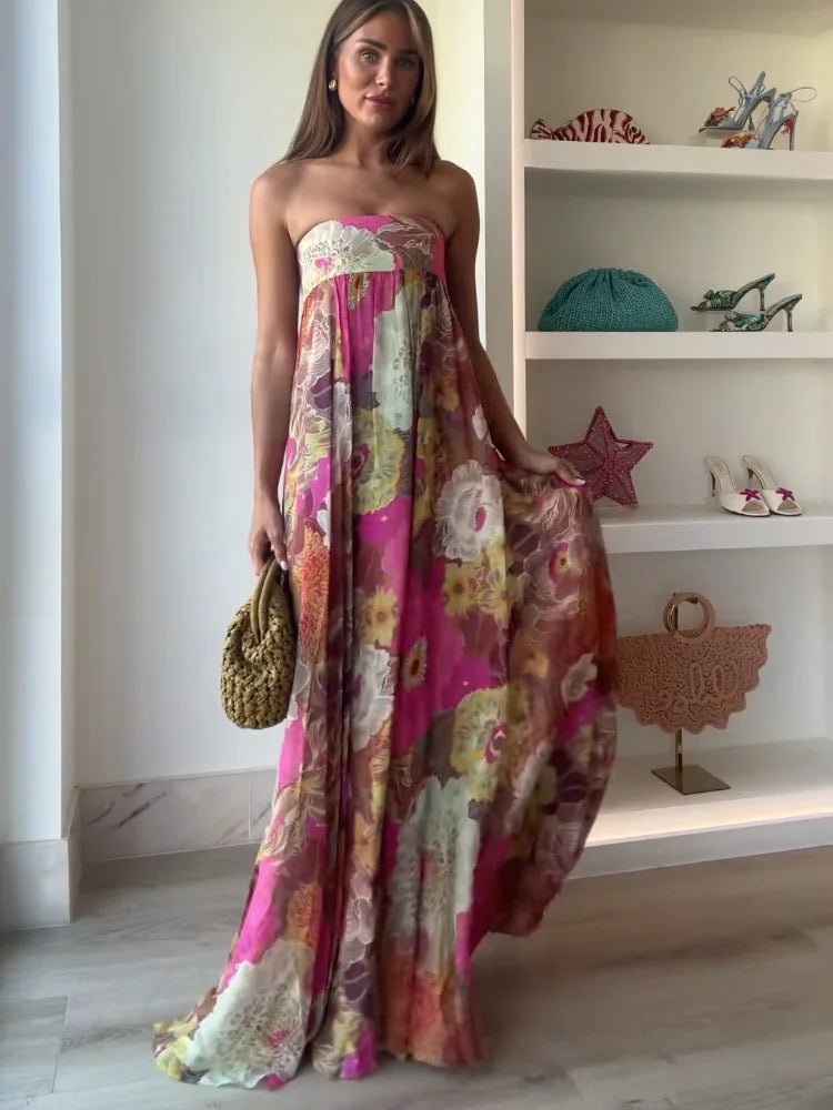 Damen Hochzeitsgast Elegantes Trägerloses Blumen Maxikleid (2)