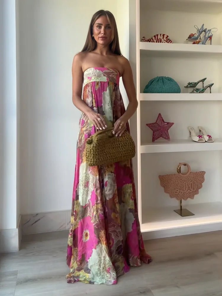 Damen Hochzeitsgast Elegantes Trägerloses Blumen Maxikleid (3)