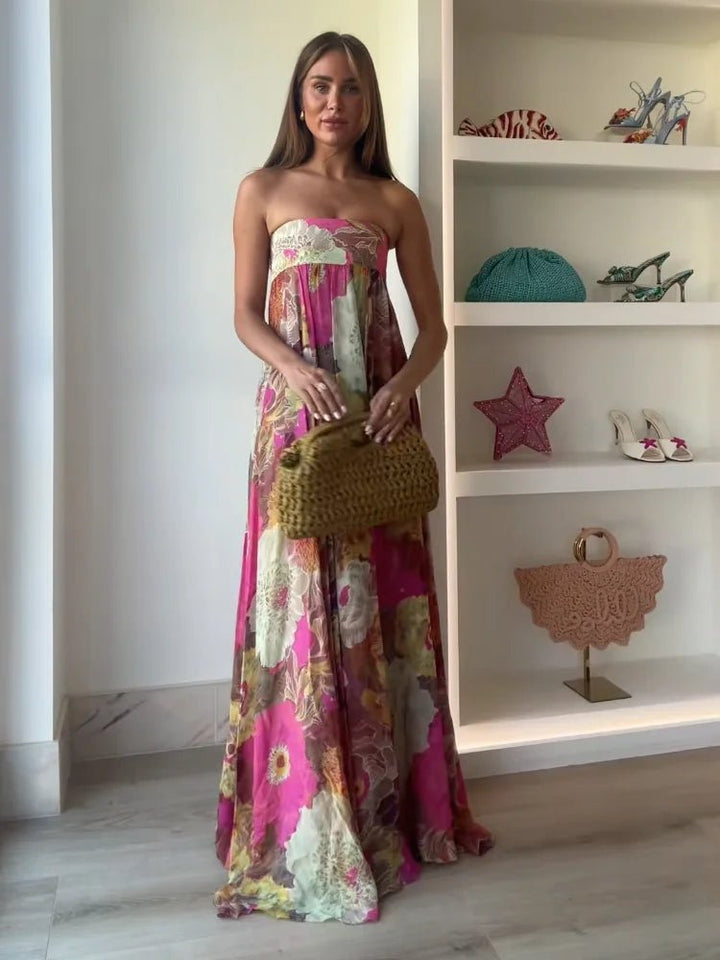 Damen Hochzeitsgast Elegantes Trägerloses Blumen Maxikleid (3)