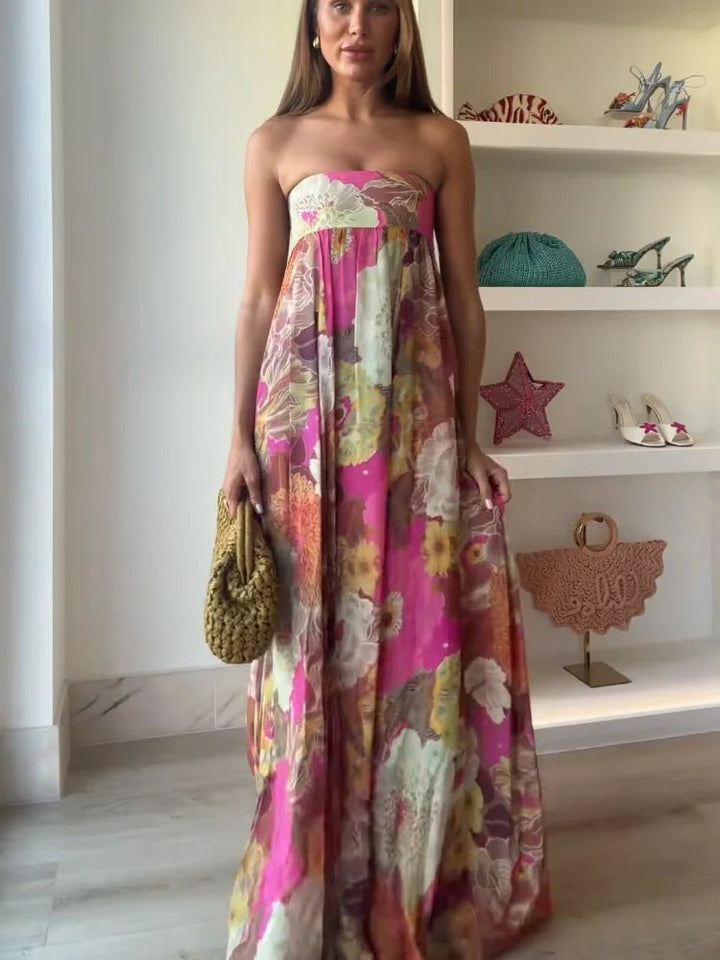 Damen Hochzeitsgast Elegantes Trägerloses Blumen Maxikleid (4)