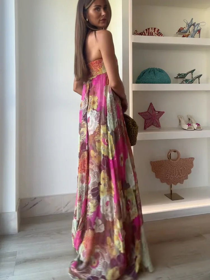 Damen Hochzeitsgast Elegantes Trägerloses Blumen Maxikleid (5)