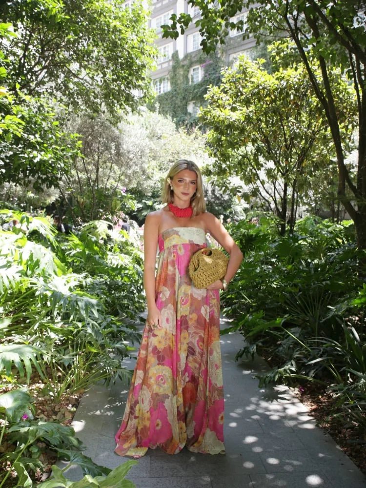 Damen Hochzeitsgast Elegantes Trägerloses Blumen Maxikleid (6)