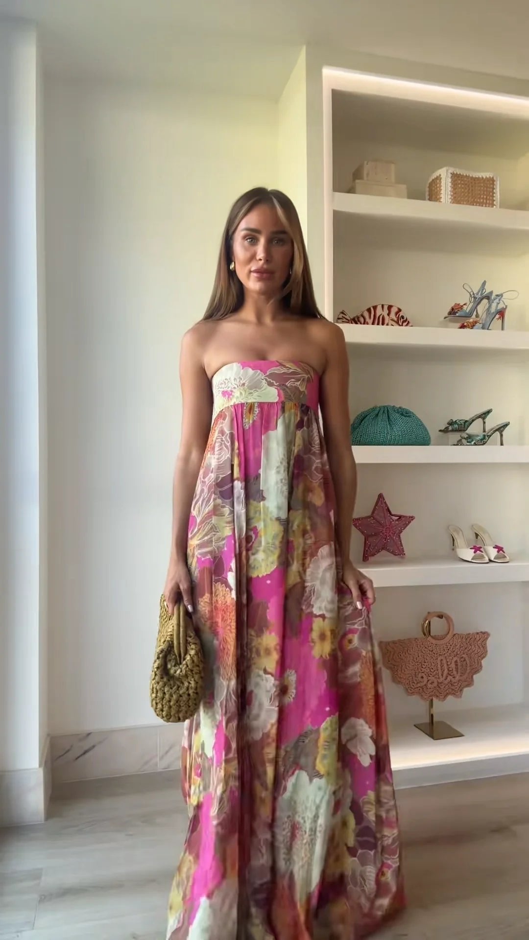 Damen Hochzeitsgast Elegantes Trägerloses Blumen Maxikleid in Mehrfarbig
