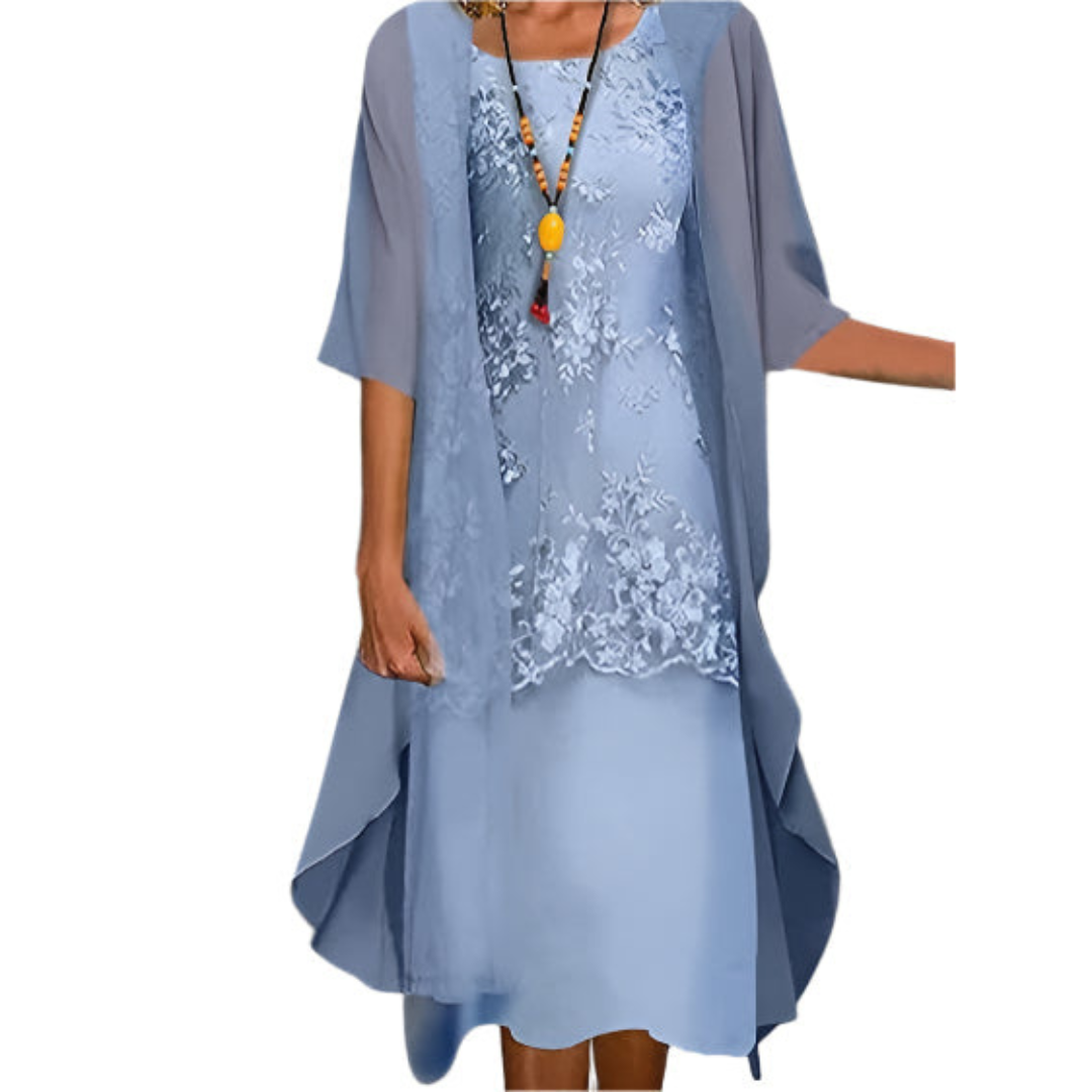 Damen Hochzeitsgast Elegantes Zweiteiliges Blumen Midikleid in Blau