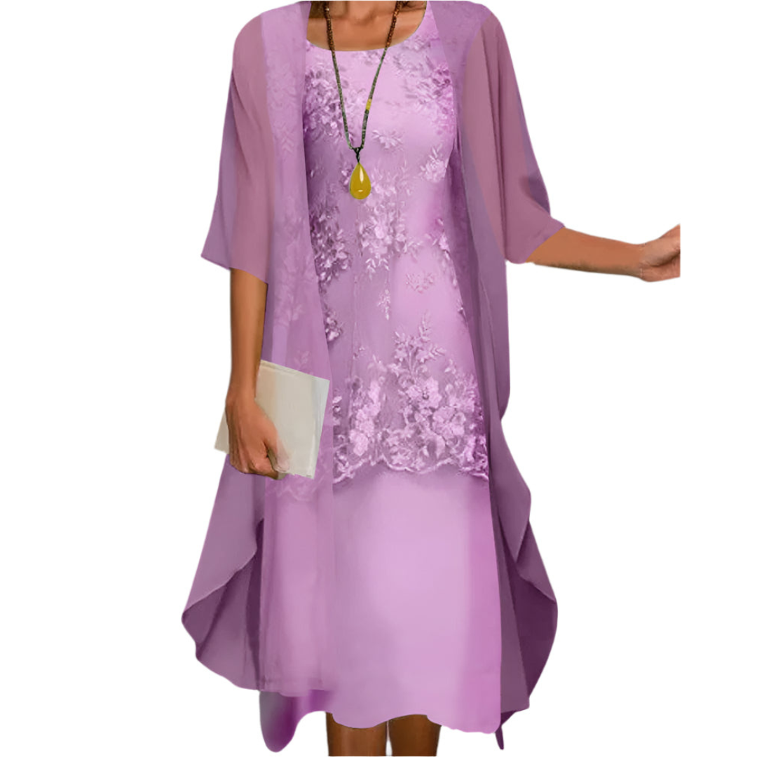 Damen Hochzeitsgast Elegantes Zweiteiliges Blumen Midikleid in Lila
