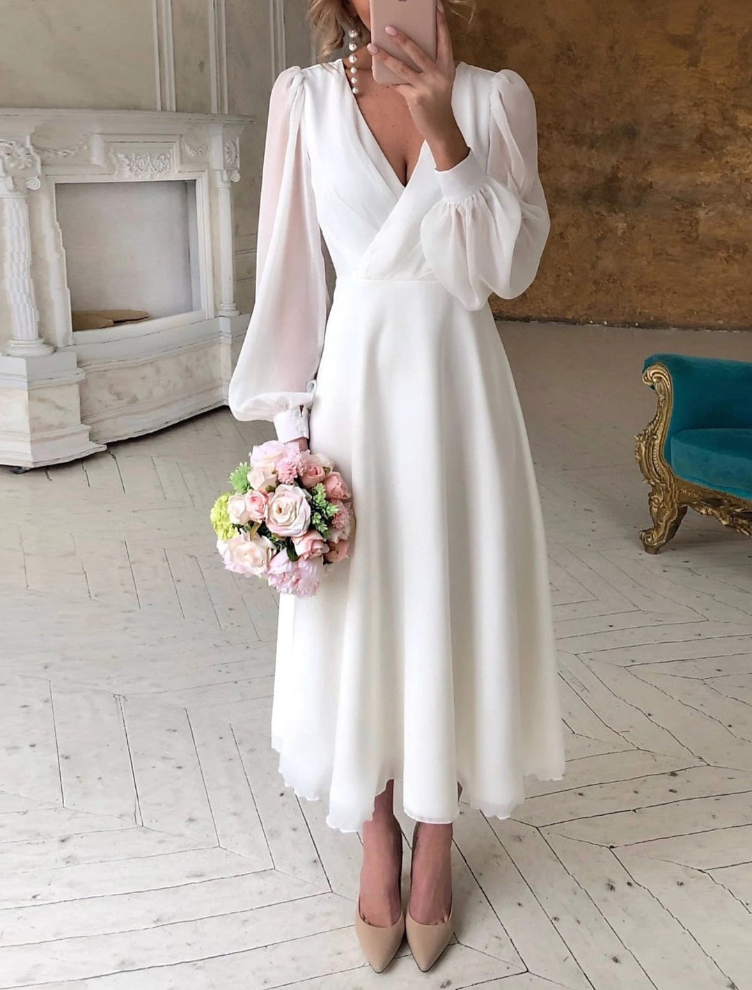 Damen Hochzeitsgast Kleid für den Herbst in Weiß