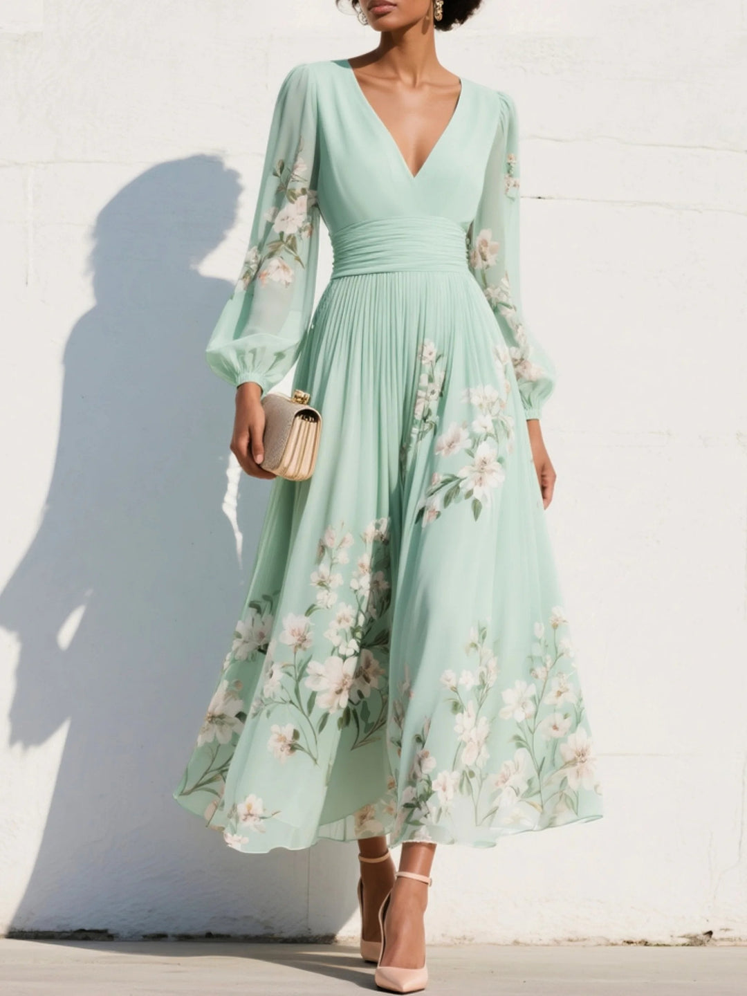Damen Hochzeitsgast-Kleid für Herbst im Midi-Chiffon-Stil