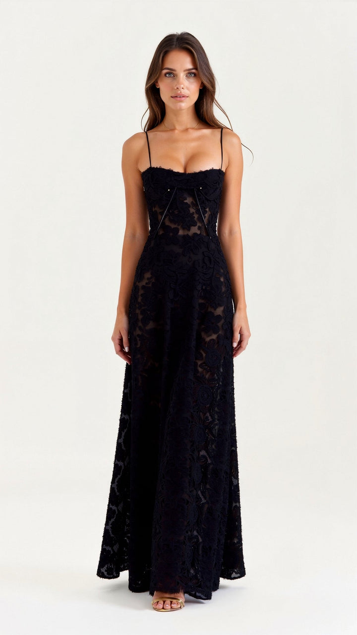 Damen Hochzeitsgast Kleid im Slip-Stil Maxi-Länge in Schwarz