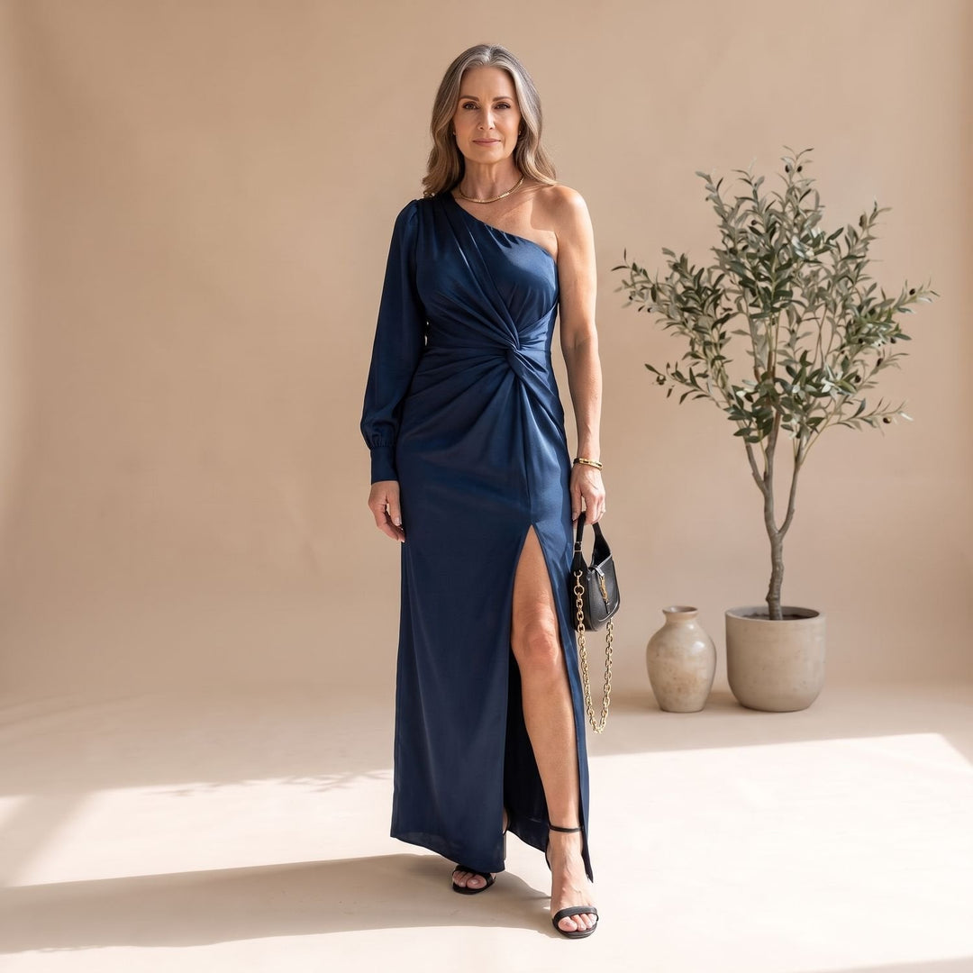 Damen Hochzeitsgast-Kleid Maxi im Einschulter-Schnitt in Dunkelblau
