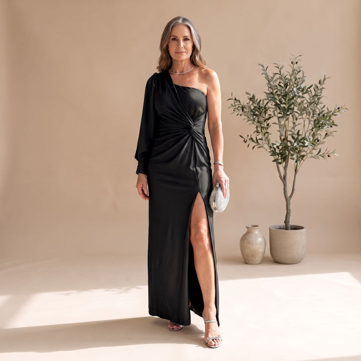 Damen Hochzeitsgast-Kleid Maxi im Einschulter-Schnitt in Schwarz