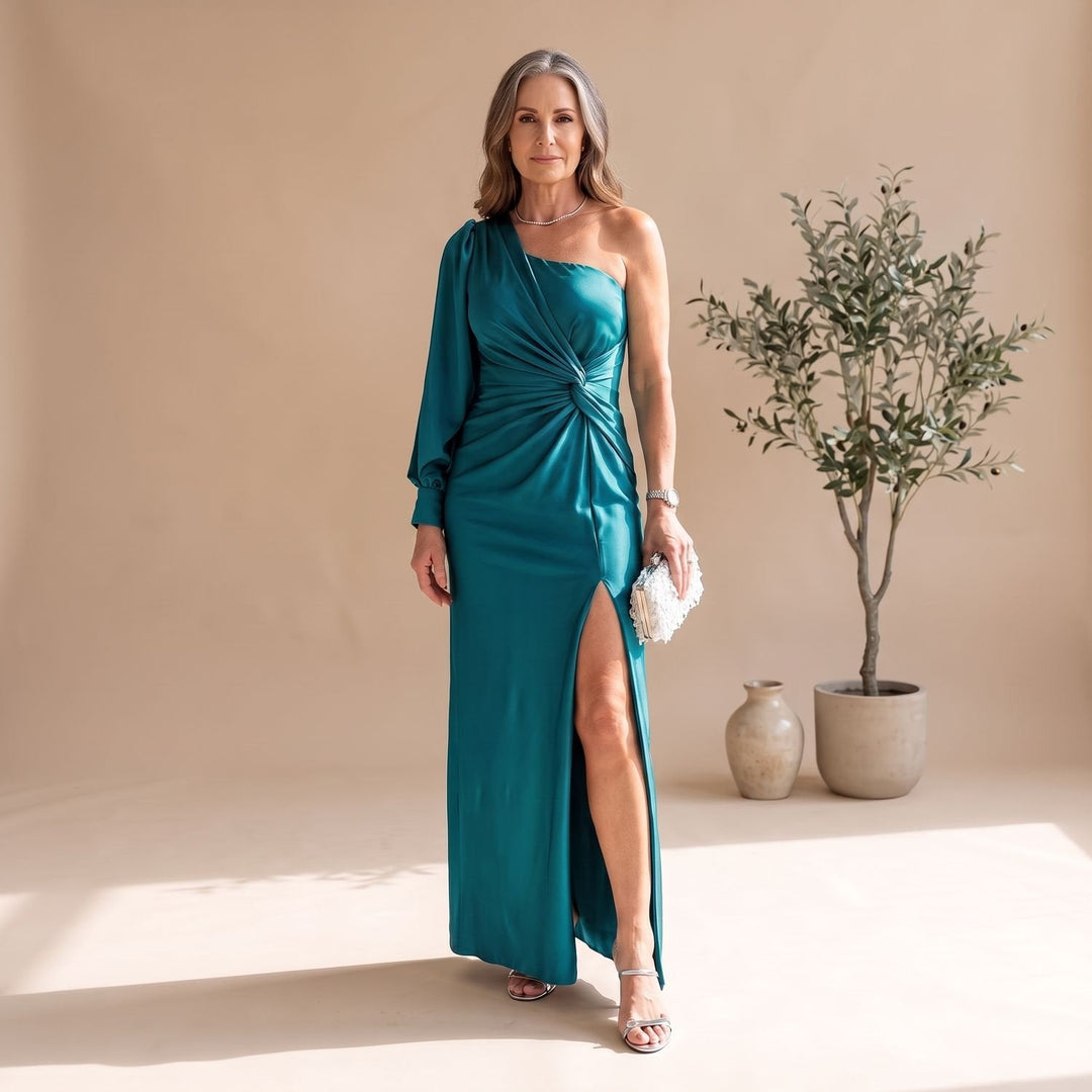 Damen Hochzeitsgast-Kleid Maxi im Einschulter-Schnitt in Türkis