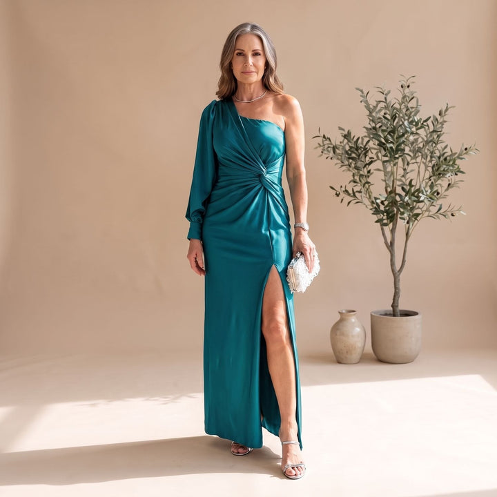Damen Hochzeitsgast-Kleid Maxi im Einschulter-Schnitt in Türkis