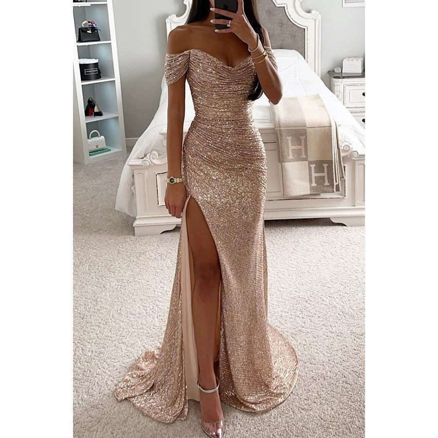 Damen Hochzeitsgast Kleid mit Pailletten in Beige