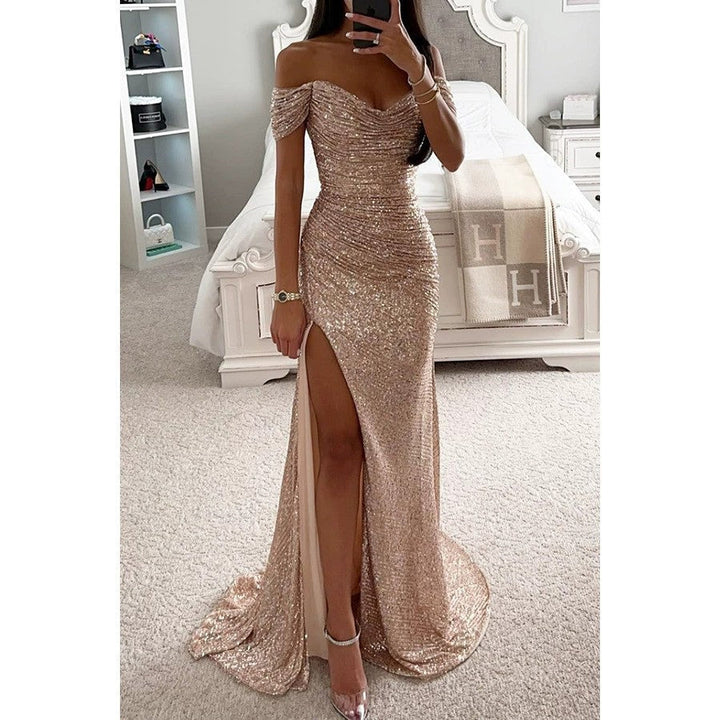 Damen Hochzeitsgast Kleid mit Pailletten in Beige