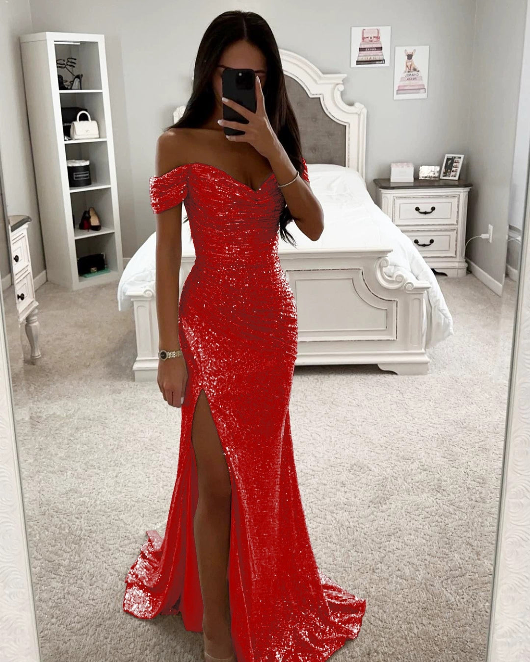 Damen Hochzeitsgast Kleid mit Pailletten in Rot