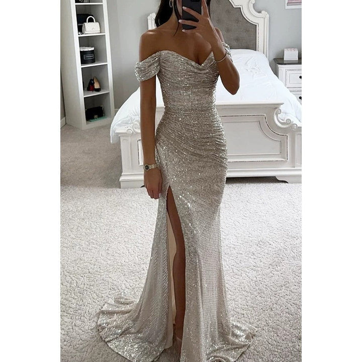 Damen Hochzeitsgast Kleid mit Pailletten in Silberfarben