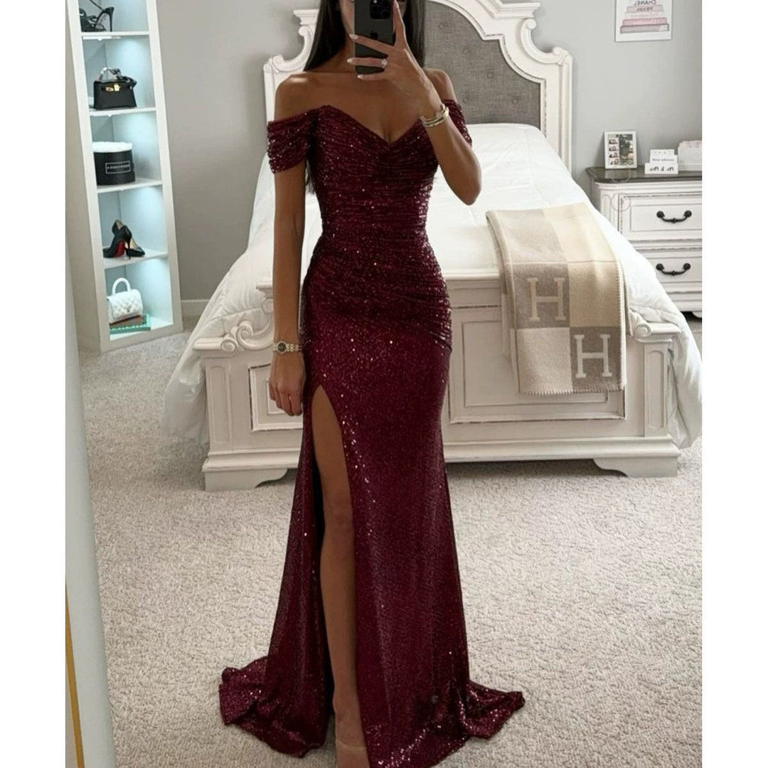 Damen Hochzeitsgast Kleid mit Pailletten in Weinrot