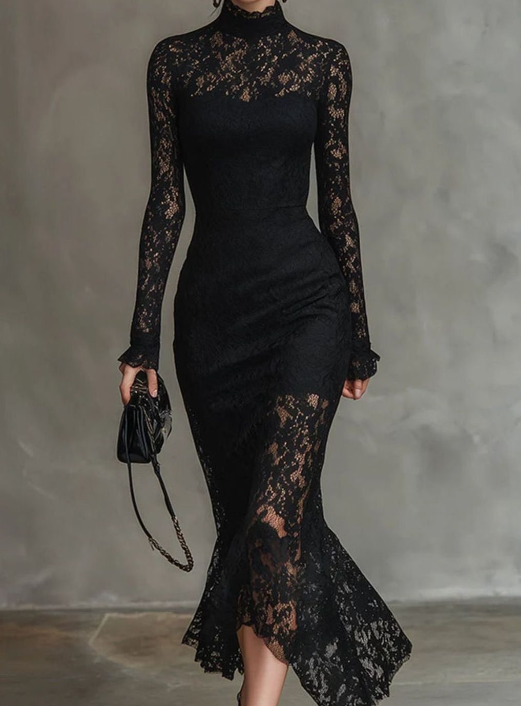 Damen Hochzeitsgastkleid aus feiner Spitze Midi in Schwarz 1