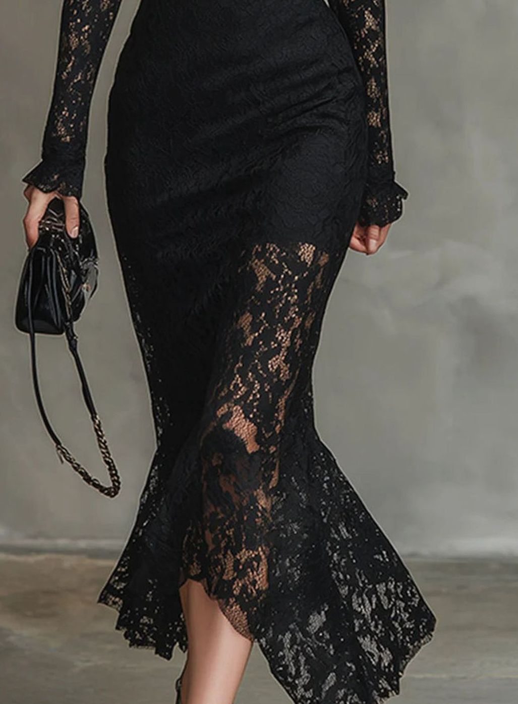 Damen Hochzeitsgastkleid aus feiner Spitze Midi in Schwarz 5