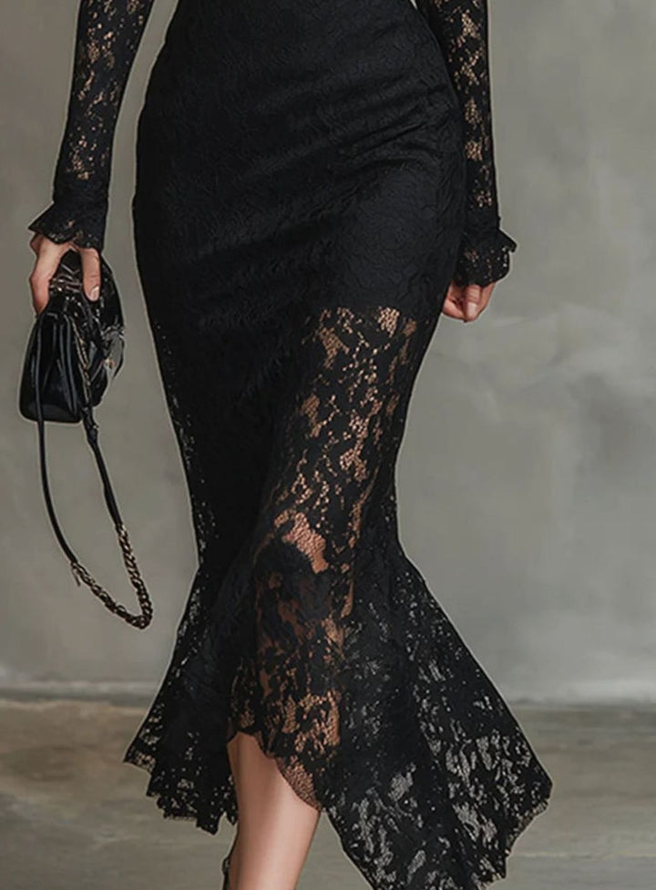 Damen Hochzeitsgastkleid aus feiner Spitze Midi in Schwarz 5