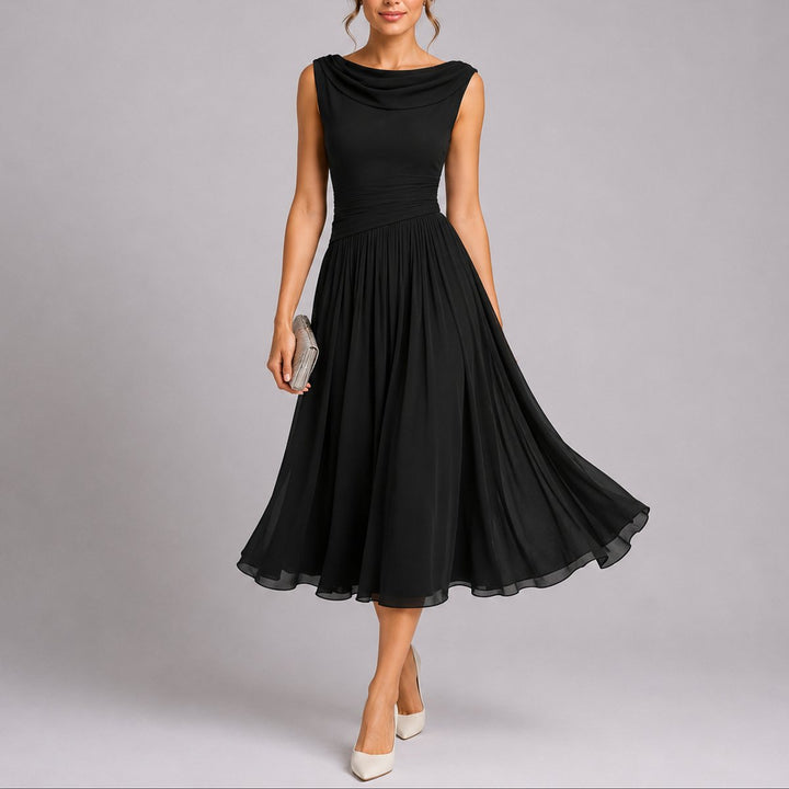 Damen Hochzeitsgastkleid Chiffon Midi Herbst in Schwarz