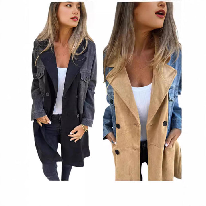 Damen Jeans-Mantel mit markanten Wildleder-Details im Oversized-Schnitt