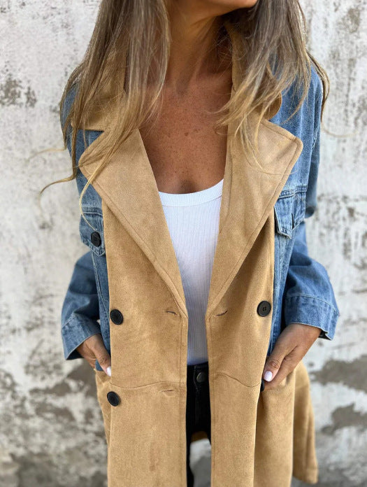 Damen Jeans-Mantel mit markanten Wildleder-Details im Oversized-Schnitt in Marineblau