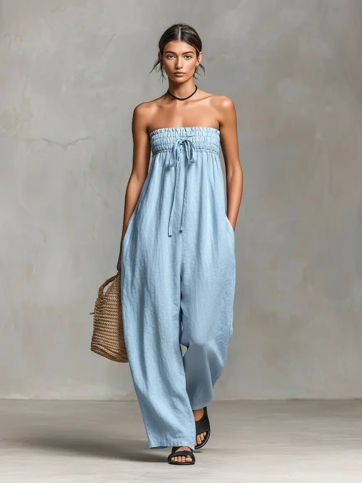 Damen Jumpsuit Leinen für den Sommer in Hellblau