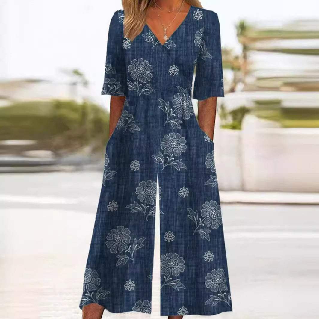 Damen Jumpsuit mit Boho Blumenmuster in Marineblau